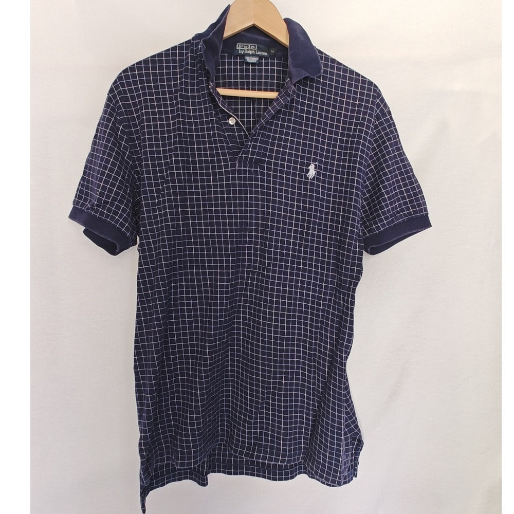 Polo Ralph Lauren Vintage‎ Polo Shirt Blue White Windowpane Cotton 90s Medium